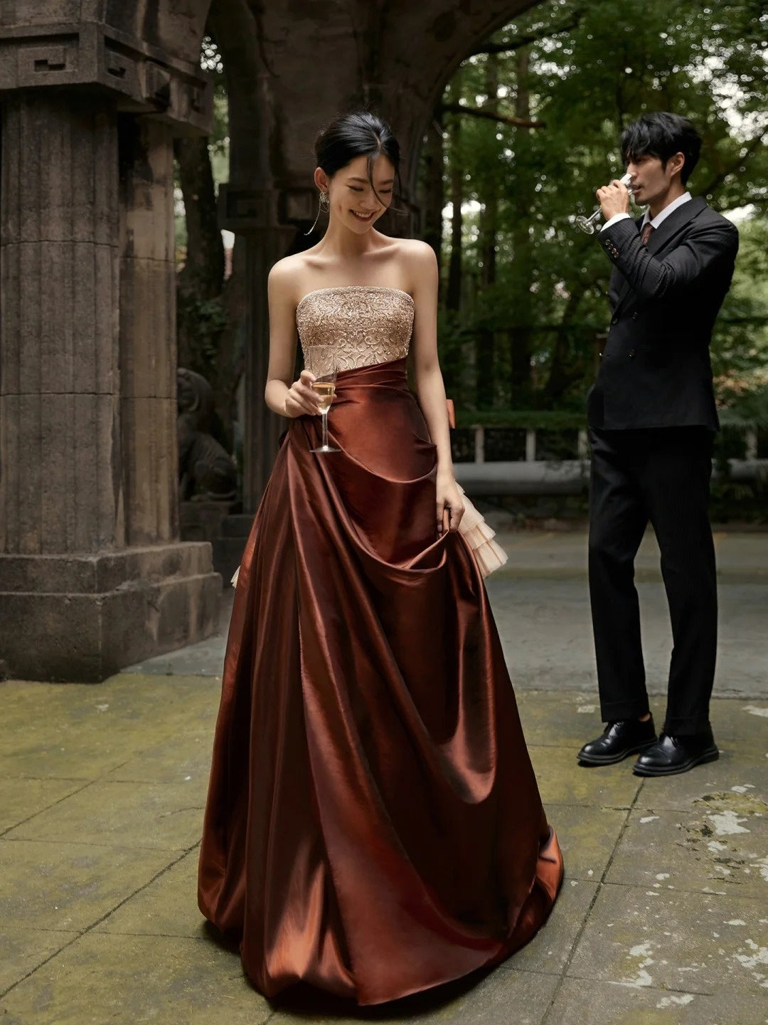 Modest Ball Gown Strapless Champagne Beaded Top Brown Skirt Long Evening Prom Dresses Long Evening Formal Dress N272