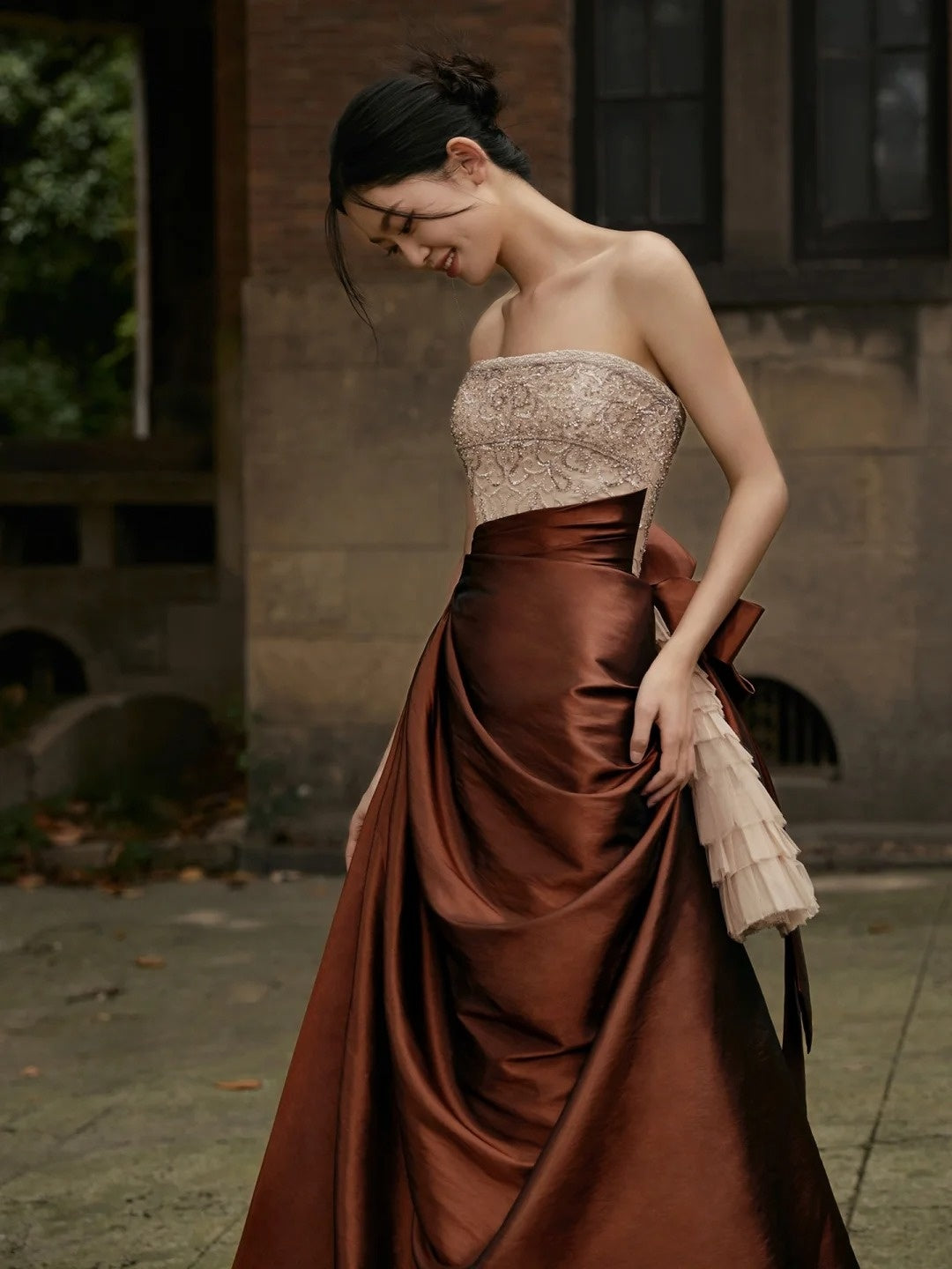 Modest Ball Gown Strapless Champagne Beaded Top Brown Skirt Long Evening Prom Dresses Long Evening Formal Dress N272