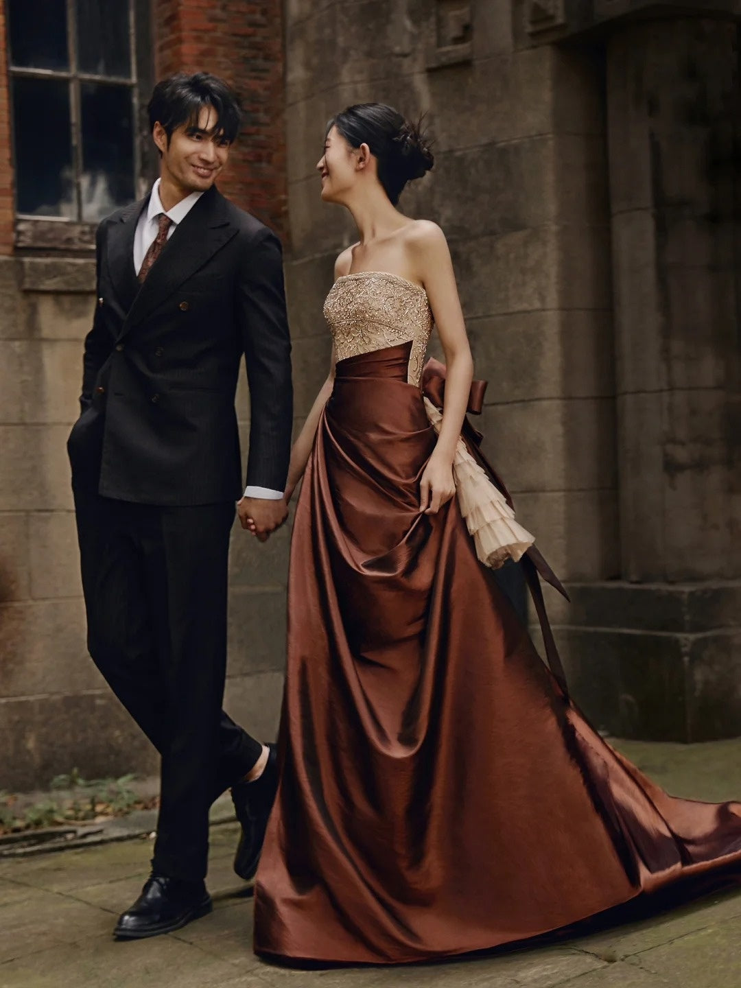Modest Ball Gown Strapless Champagne Beaded Top Brown Skirt Long Evening Prom Dresses Long Evening Formal Dress N272