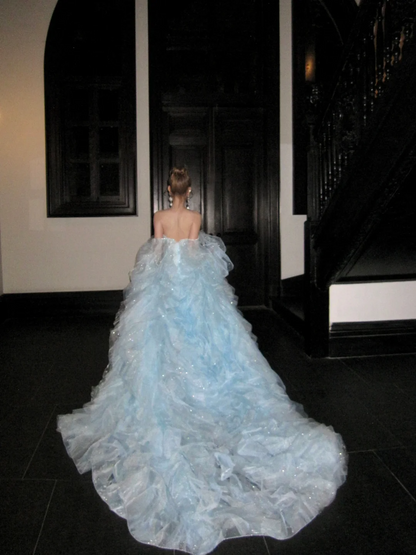 Modest Ball Gown Off The Shoulder Blue Organza With Long Cape Sleeves Tiered Layered Prom Dress Aesthetic Long Graduation Evening Outfits N054