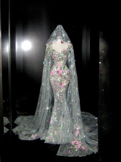 Shimmer Mermaid Scoop Neck Floral Sequin Lace Wedding Dress With Train Fairytale Brides Gown Wedding Dresses N062