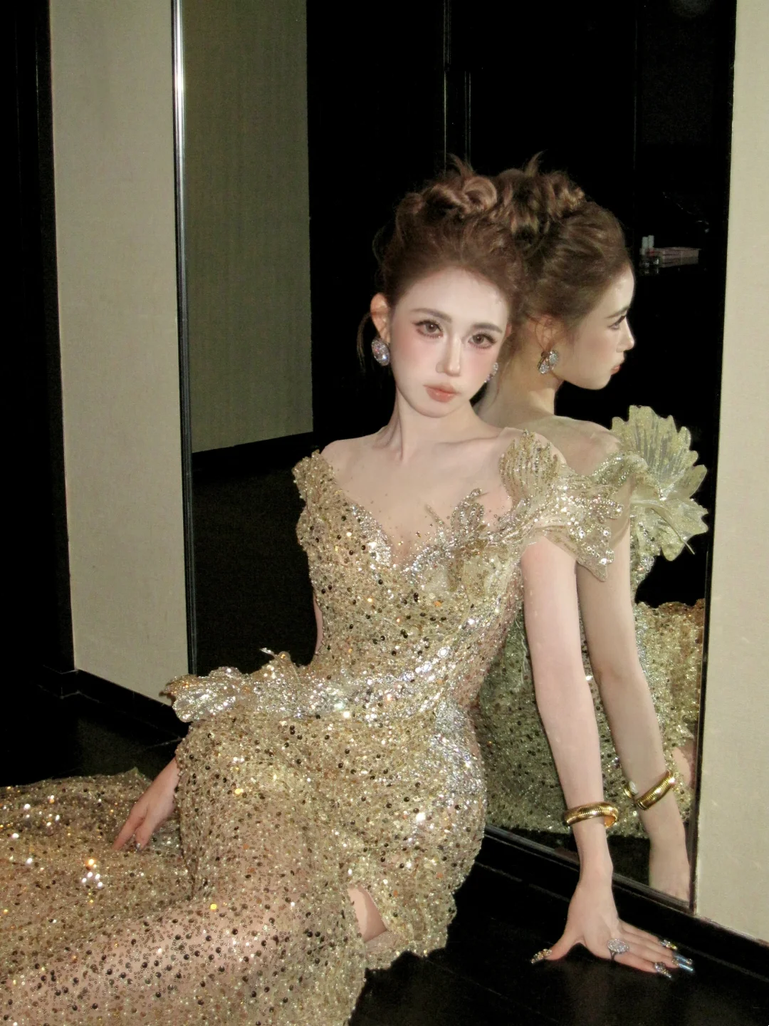Shiny Mermaid Gold Sequin With Corset Fitted Back Prom Dress Aesthetic Long Graduation Evening Outfits N059