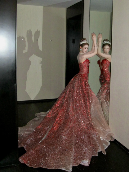 Modest Mermaid Sweetheart Burgundy With Beaded Crystals Prom Dress Aesthetic Long Graduation Evening Outfits N058