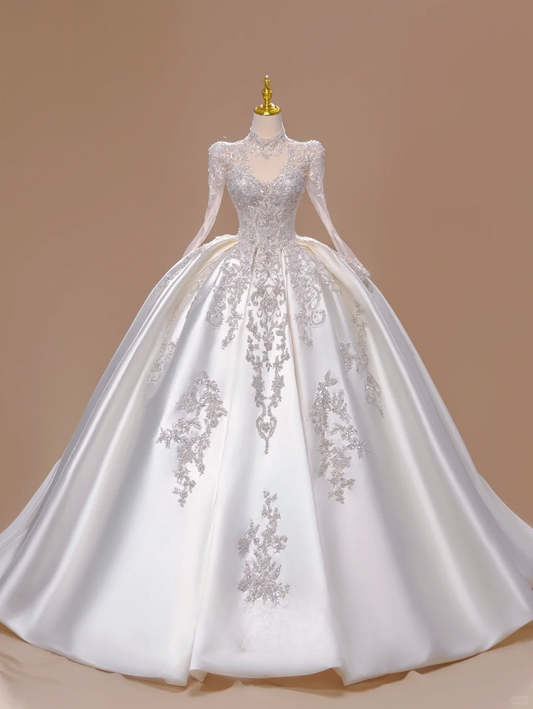 Dreamy Ball Gown High Neck Silver Sequin Appliques Long Wedding Dress Beautiful Formal Cute Wedding Dresses DH2811