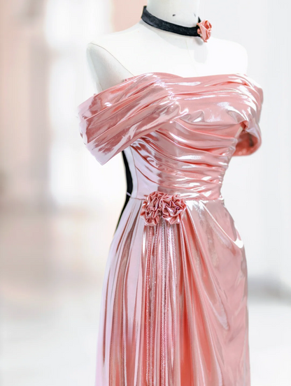Elegant Mermaid Off The Shoulder Pink Satin Long Floor Length Prom Dress Inspiration Long Prom Dresses DH2814