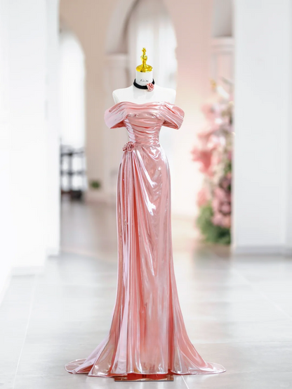 Elegant Mermaid Off The Shoulder Pink Satin Long Floor Length Prom Dress Inspiration Long Prom Dresses DH2814