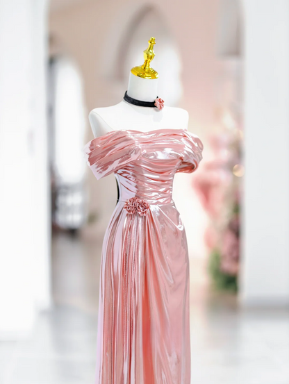 Elegant Mermaid Off The Shoulder Pink Satin Long Floor Length Prom Dress Inspiration Long Prom Dresses DH2814