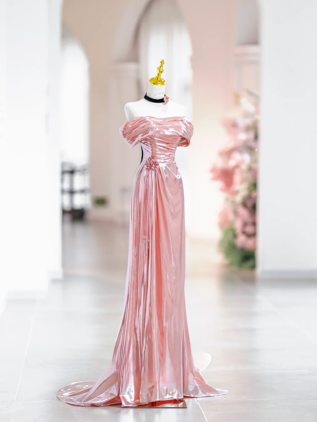Elegant Mermaid Off The Shoulder Pink Satin Long Floor Length Prom Dress Inspiration Long Prom Dresses DH2814
