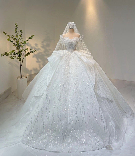 Luxury Ball Gown Off The Shoulder Sequin Wedding Dress With Sleeves Fairytale Autumn Wedding Dresses RB2822
