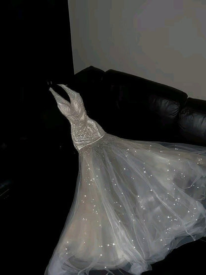 Modest Mermaid V Neck Sequin Sleeveless White Long Prom Dresses Party Dress 21st Birthday Outfits Graduation Dress RB2823
