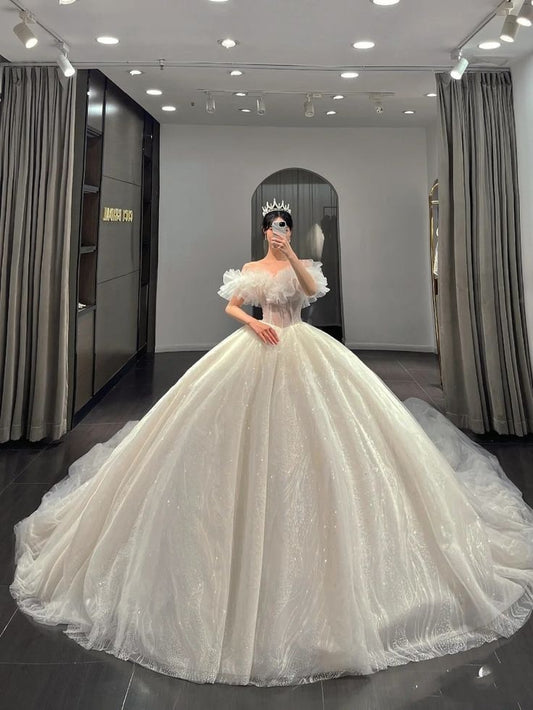Luxury Ball Gown Off The Shoulder Sequins Tulle Wedding Dress Fairytale Autumn Wedding Dresses RB2828