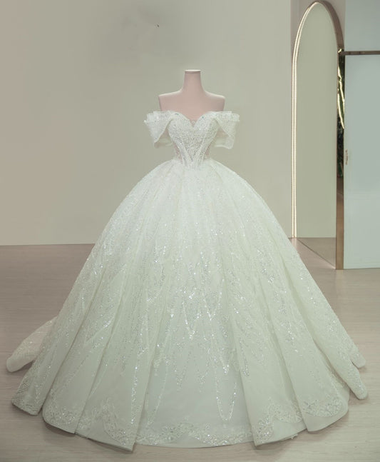 Sparkly Ball Gown Off The Shoulder White Sequins Wedding Dress Styles Long Fairytale Brides Gown Wedding Dresses Ideas RB2841