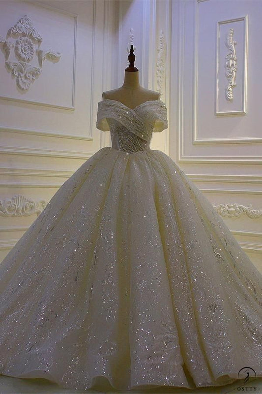Sparkly Ball Gown Off The Shoulder Sequins Wedding Dress Styles Long Fairytale Brides Gown Wedding Dresses Ideas RB2845