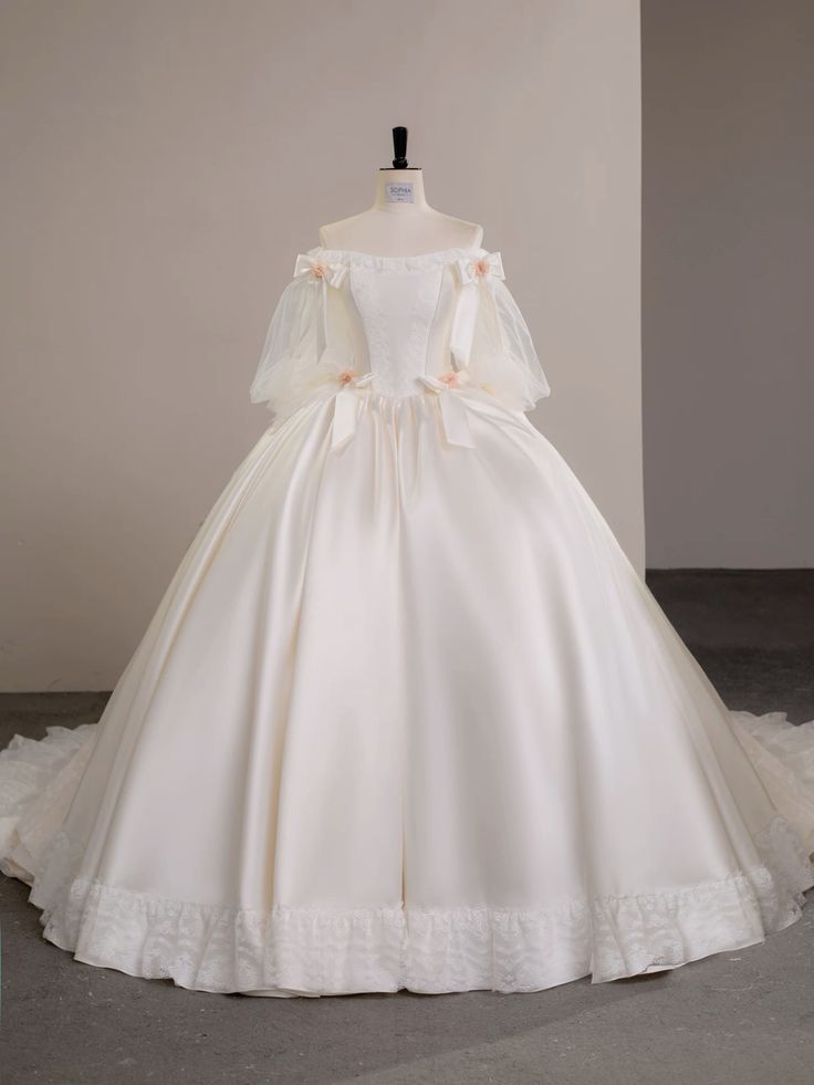 Timeless Ball Gown Off The Shoulder Satin Wedding Dress With Sleeves Fairytale Autumn Wedding Dresses RB2851