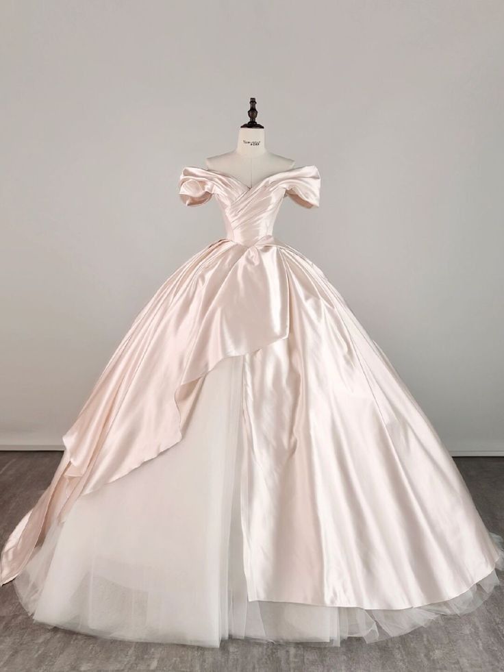 Timeless Ball Gown Off The Shoulder Pink Satin Wedding Dress With Sleeves Fairytale Autumn Wedding Dresses RB2853