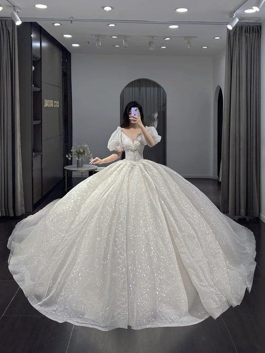Sparkly Ball Gown V Neckline Sequins Silver Beads Wedding Dress Styles Long Fairytale Brides Gown Wedding Dresses Ideas RB2855