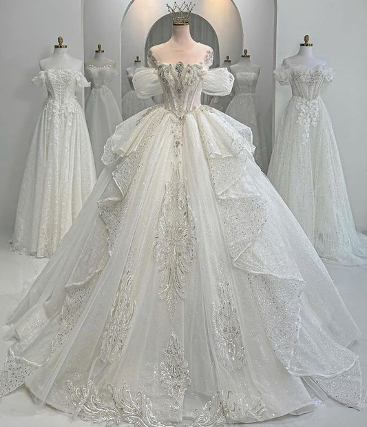 Sparkly Ball Gown Off The Shoulder Sequins Silver Beads Wedding Dress Styles Long Fairytale Brides Gown Wedding Dresses Ideas RB2856