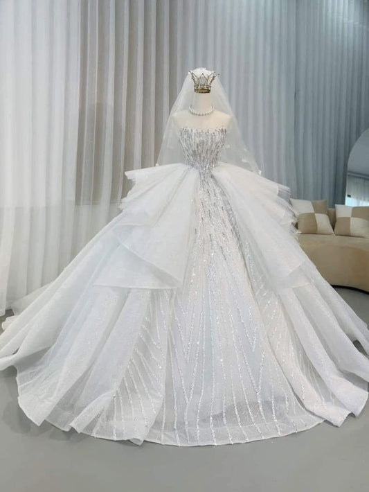 Dream Ball Gown Strapless Neck Sequin Full Beaded White Fitted Wedding Dress Styles Long Brides Gown Wedding Dresses Ideas DH2857