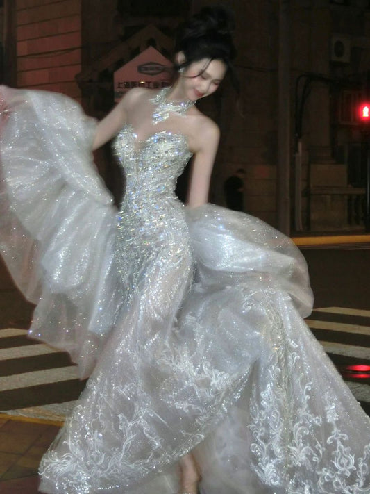 Luxury Ball Gown Sweetheart White Sequin Lace Wedding Dress Bride Gown Fairytale Wedding Dresses RB2863