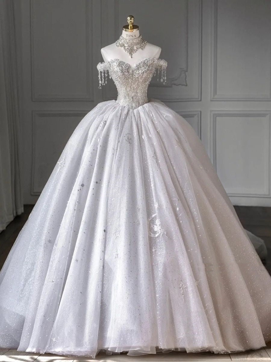 Timeless Ball Gown Off The Shoulder White Tulle Sequins Wedding Dress With Sleeves Fairytale Autumn Wedding Dresses RB2865