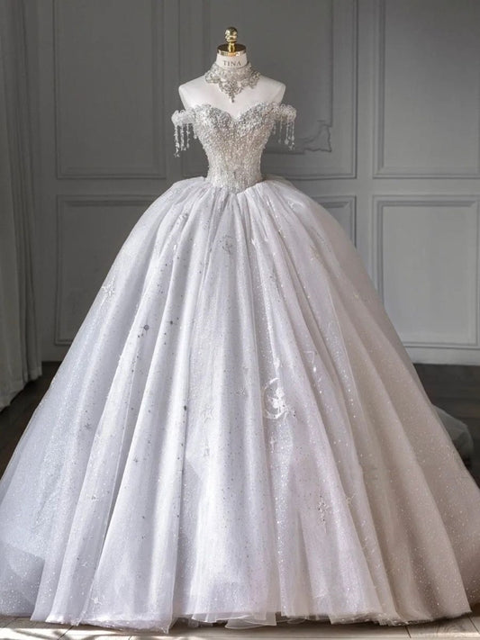 Timeless Ball Gown Off The Shoulder White Tulle Sequins Wedding Dress With Sleeves Fairytale Autumn Wedding Dresses RB2865