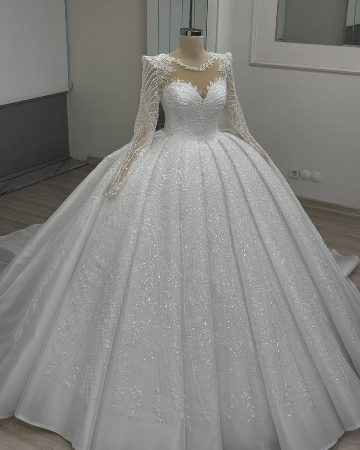 Dream Ball Gown Scoop White Pleated Long Sleeves Lace and Silver Sequins Wedding Dress Styles Long Brides Gown Wedding Dresses Ideas DH2856