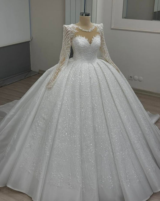Dream Ball Gown Scoop White Pleated Long Sleeves Lace and Silver Sequins Wedding Dress Styles Long Brides Gown Wedding Dresses Ideas DH2856