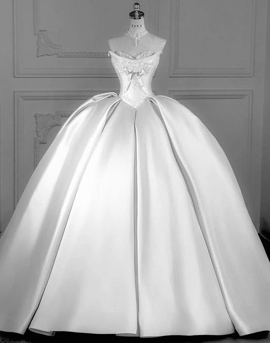 Dream Ball Gown Sweetheart Satin Full Beaded White Fitted Wedding Dress Styles Long Brides Gown Wedding Dresses Ideas DH2868