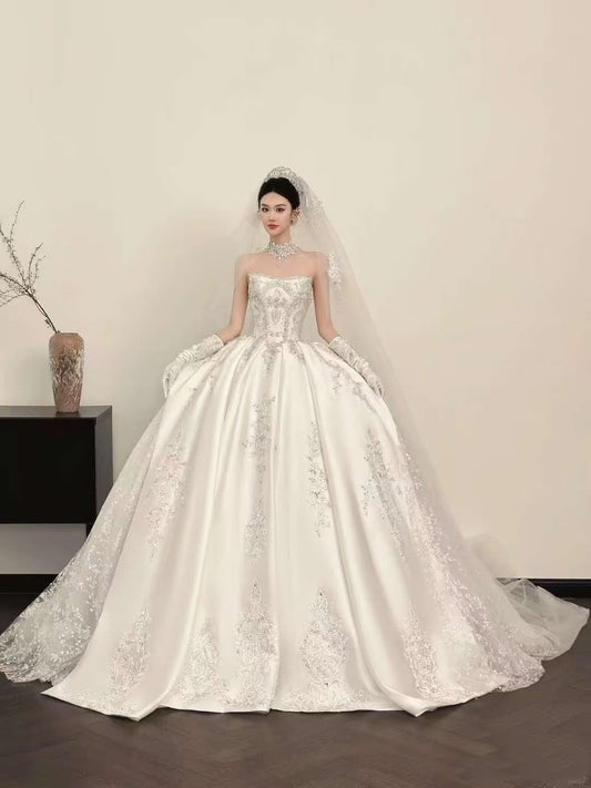 Dream Ball Gown Strapless Satin Full Beaded White Fitted Lace Wedding Dress Styles Long Brides Gown Wedding Dresses Ideas DH2872