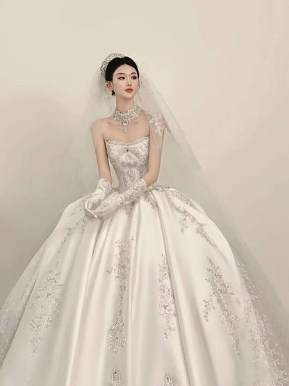 Dream Ball Gown Strapless Satin Full Beaded White Fitted Lace Wedding Dress Styles Long Brides Gown Wedding Dresses Ideas DH2872