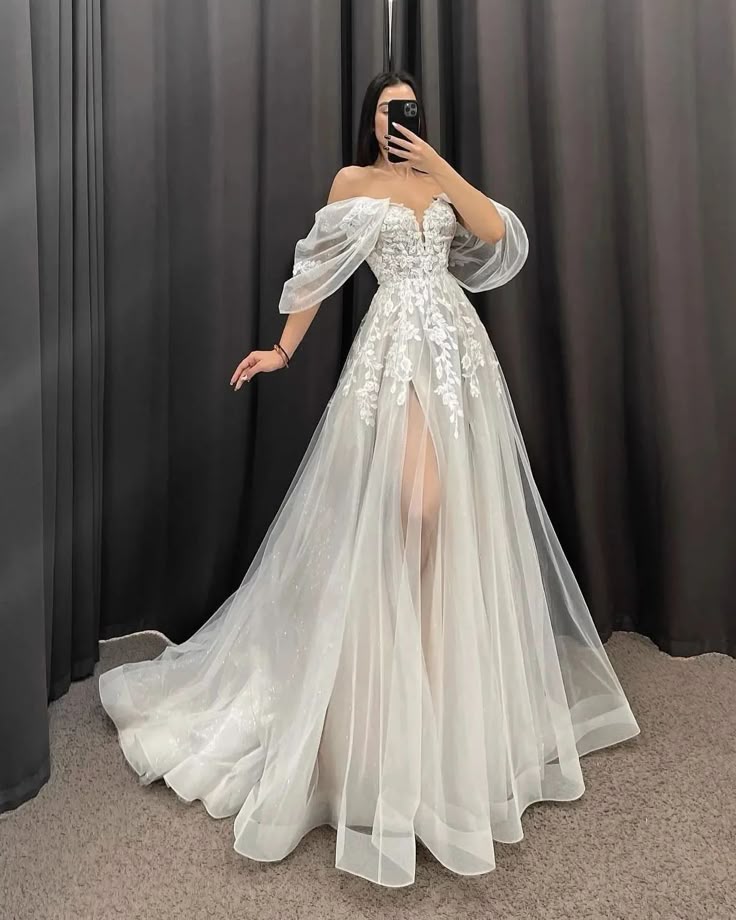 Elegant Ball Gown Off The Shoulder Tulle Pleated Short Sleeves Lace Wedding Dress Styles Long Bridal Gown Wedding Dresses Ideas DH2873