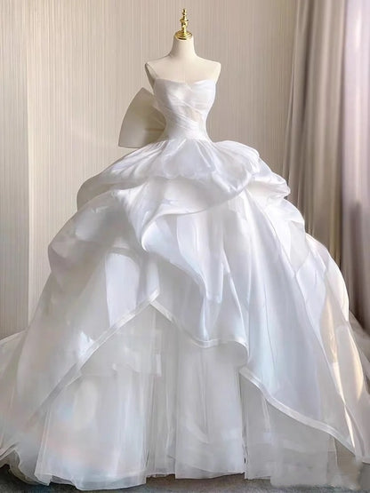 Dreamy Ball Gown Strapless White Tulle Long Fitted Wedding Dress Fairy Formal Bridal Gown Wedding Dresses DH2879