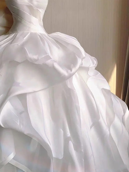 Dreamy Ball Gown Strapless White Tulle Long Fitted Wedding Dress Fairy Formal Bridal Gown Wedding Dresses DH2879