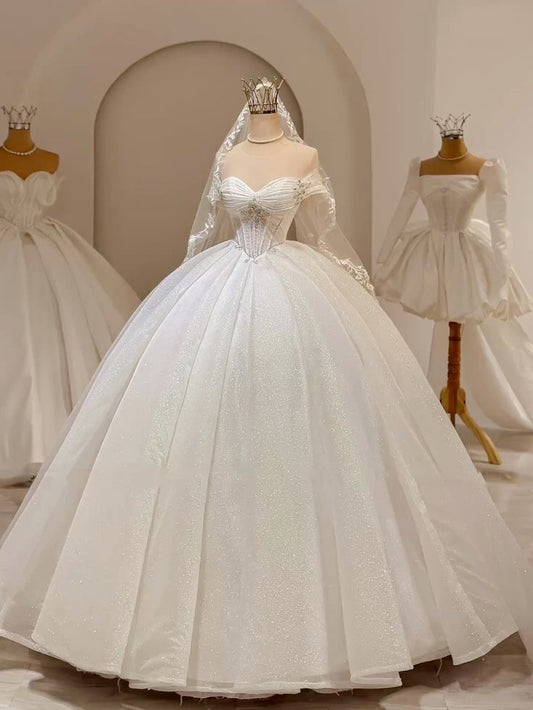 Elegant Ball Gown Off The Shoulder Sequins Short Sleeves White Wedding Dress Styles Long Bridal Gown Wedding Dresses Ideas DH2893