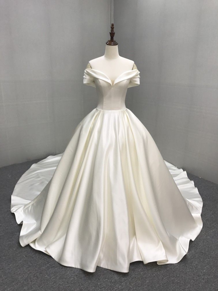 Simple Ball Gown Off The Shoulder Satin Short Sleeves White Wedding Dress Styles Long Bridal Gown Wedding Dresses Ideas DH2895