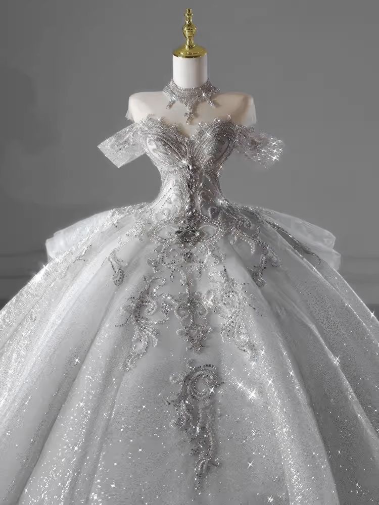Sparkle Ball Gown Off The Shoulder Sequin Short Sleeves White Silver Beaded Wedding Dress Long Bridal Gown Wedding Dresses Ideas DH2899