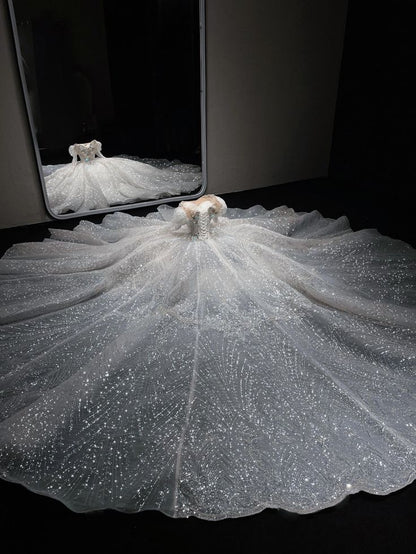 Dreamy Ball Gown Off The Shoulder White Sequins Long Sleeves Wedding Dress Fairy Formal Wedding Dresses B40