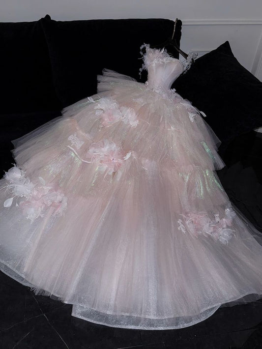 Charming Quinceanera Dresses Ball Gown Straps Pink Tulle Birthday Gowns Vestidos De 15 Anos Long Sweet 16 Dress DH2901