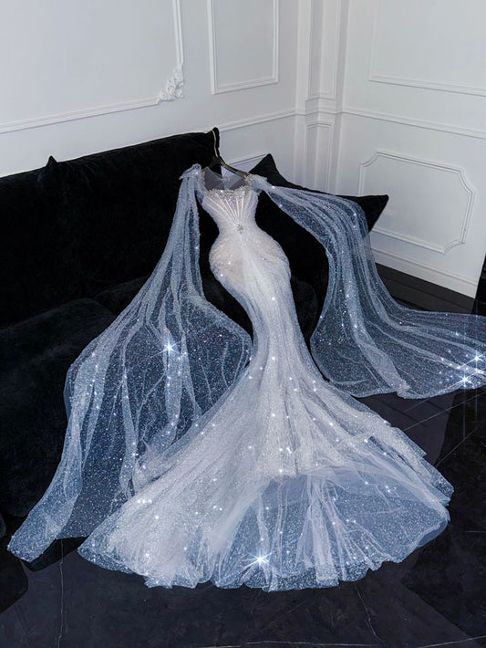 Dreamy Mermaid Long Sleeves Sequin White Fitted Wedding Dress Shiny Bridal Gowns Wedding Dresses DH2902