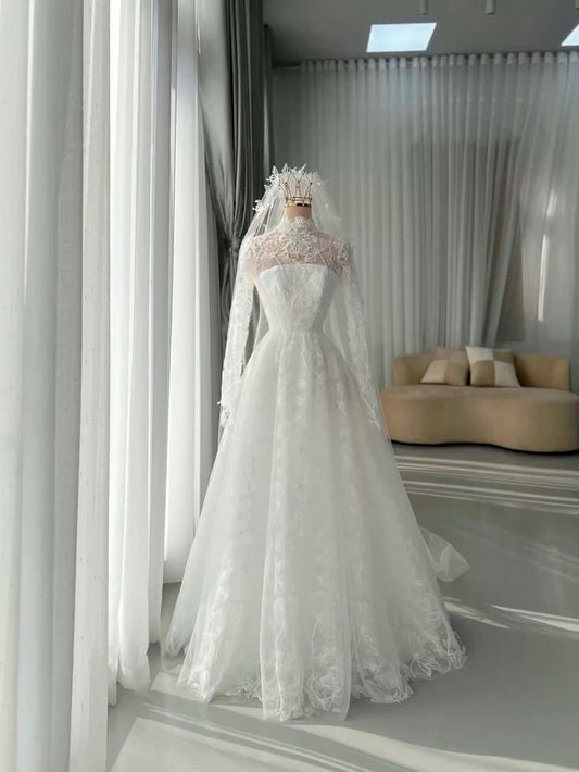 Vintage Ball Gown High Neck Lace Long Sleeves White Fitted Wedding Dress Styles Bride Gown Wedding Dresses DH2903
