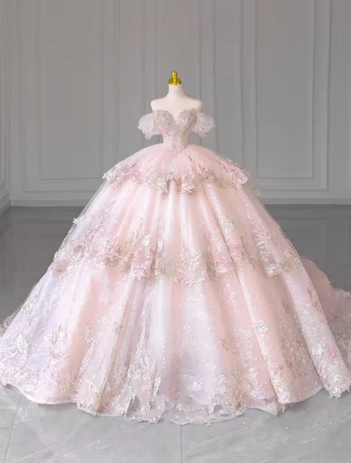 Sparkle Ball Gown Off The Shoulder Pink Lace Short Sleeves Beaded Wedding Dress Long Bridal Gown Wedding Dresses Ideas DH2905