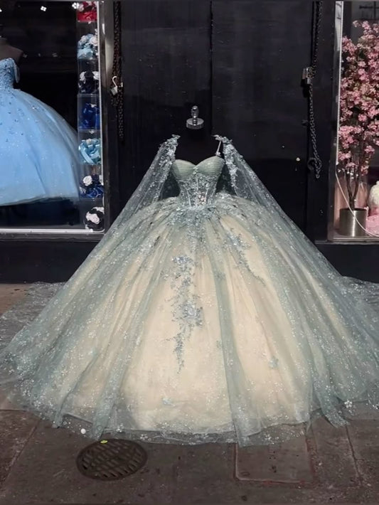 Cute Ball Gown Spaghetti Straps Tulle Long Sleeveless Appliques Quinceanera Dress Sweet 15 16 Dresses DH2907
