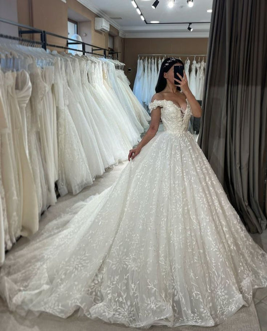Modest Ball Gown Off The Shoulder Short Sleeves Fitted Lace Corset Wedding Dress Long Bridal Gown Wedding Gowns RB2908
