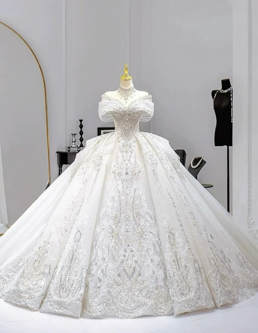 Modest Ball Gown Off The Shoulder Short Sleeves Fitted Tulle Corset Wedding Dress Long Bridal Gown Wedding Dresses DH2909