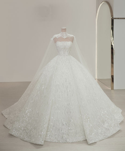 Modest Ball Gown Strapless Fitted Corset Sequin Wedding Dress Long Bridal Gown Wedding Gowns With Cape RB2914