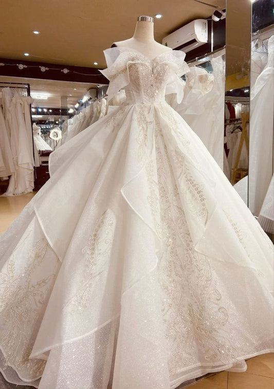 Elegant Ball Gown Off The Shoulder Lace Beaded Appliques Fitted Wedding Dress Long Bridal Gown Wedding Dresses DH2917
