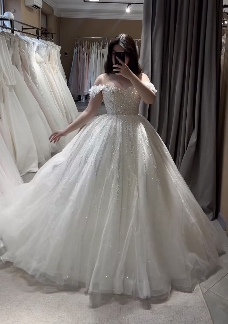 Elegant Ball Gown Off The Shoulder Tulle Silver Beaded Fitted Wedding Dress Long Bridal Gown Wedding Dresses DH2918