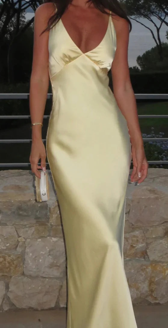 Simple Mermaid Spaghetti Straps Yellow Satin Long Prom Dresses Inspiration Party Dress Prom Gowns DH2969