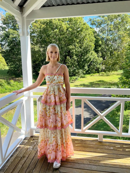 Unique Ball Gown Spaghetti Straps Floral Chiffon Backless Prom Dresses Long Party Dress Birthday Outfits Prom Gown DH3014