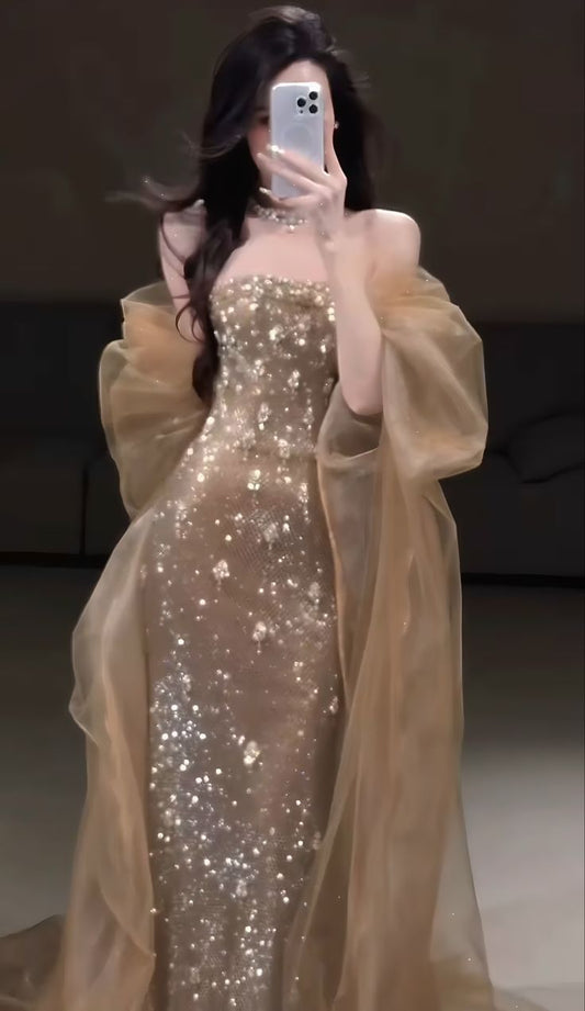 Modest Mermaid Strapless Champagne Sequin Prom Dresses Party Dress 18th Birthday Outfits Prom Gown DH3021